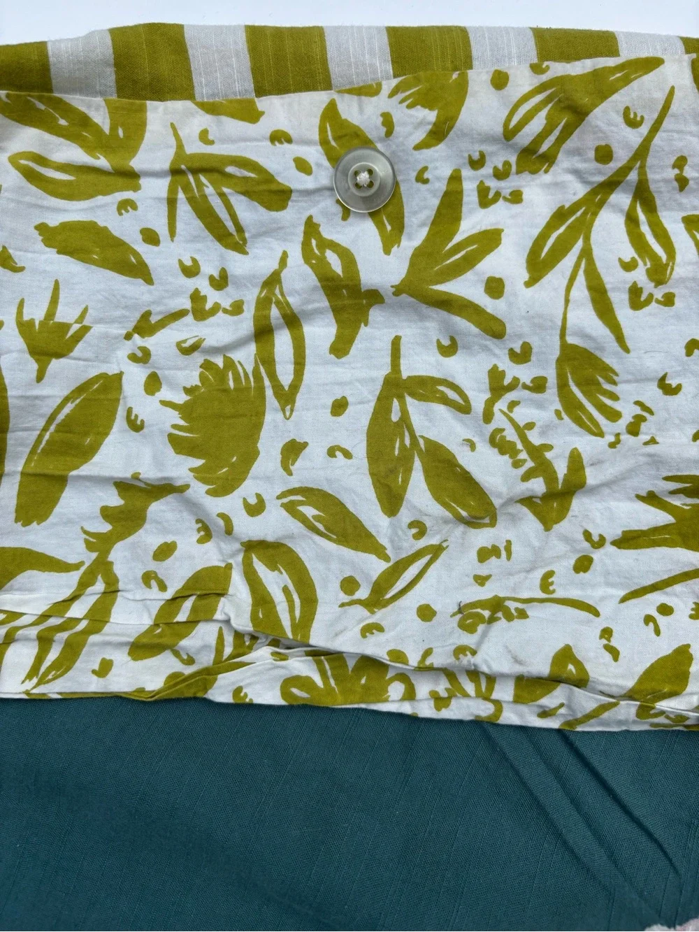 Anthropologie Teal Floral Duvet Cover with Pink Blooms and Olive Stripe Trim